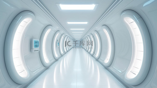 滨江医院背景图片_虚拟宇宙概念的 3d 渲染未来医院通道