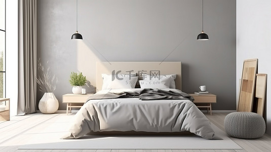 当代斯堪的纳维亚卧室设计白墙背景上的灰色床 3D 渲染模型