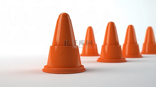事故预防概念 3d 橙色交通锥图标白色背景 3d 渲染图像