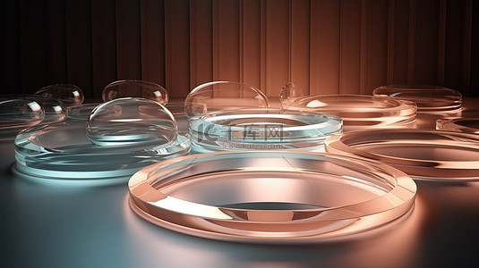 展示3背景图片_重叠的半透明圆板在 3D 渲染中创建柔和的发光产品显示背景