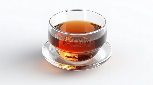 白色背景 3D 渲染玻璃杯中的红茶