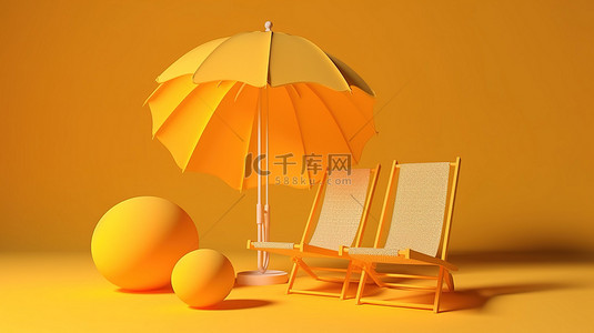 有趣的横幅背景图片_黄色背景，带有 3D 渲染的沙滩躺椅和雨伞，沙滩上还有有趣的球