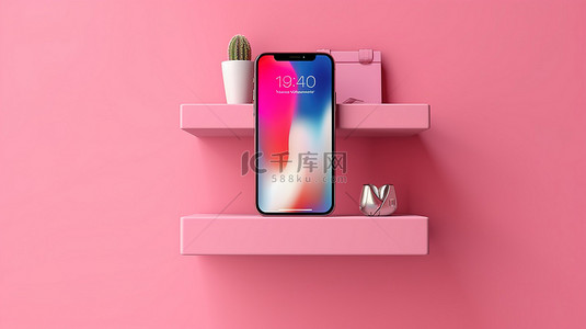 电脑icon背景图片_方形背景的 3D 插图，带有粉红色墙架，配有手机