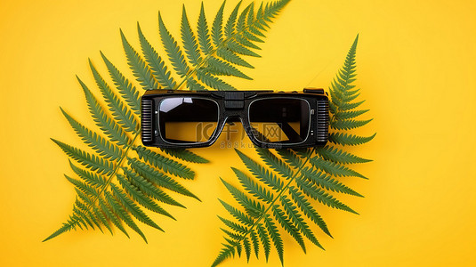 彩色眼镜背景图片_黄色背景下 3D 眼镜录像带和蕨叶的简约顶视图