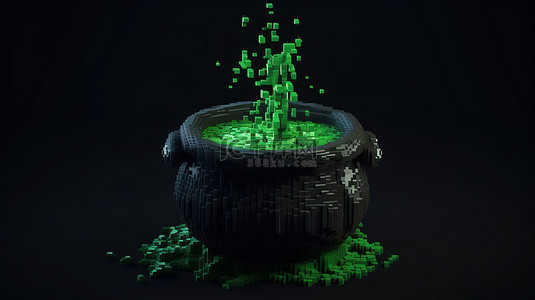 装饰性 3D 像素艺术，以黑色女巫大锅为特色，用于万圣节仪式和绿色物质主题