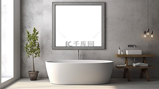 阳光照射的阴影通过相框模型和装饰混凝土墙 3D 渲染增强现代浴室