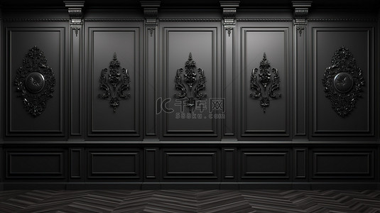 经典黑背景图片_3D 渲染中的银色经典黑色墙板