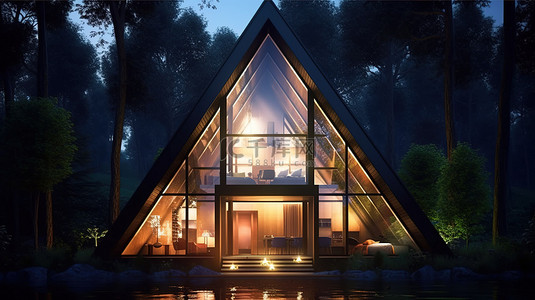 具有森林背景和 3D 渲染夜间照明的当代三角形家居设计理念