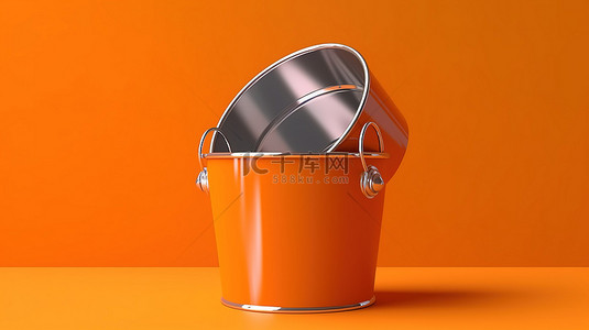 卡通立牌样机背景图片_3D 渲染的单色桶搁在充满活力的橙色背景上