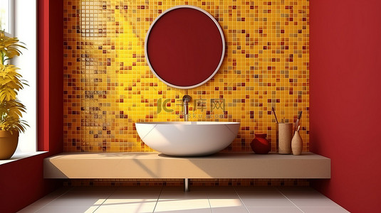 勃艮第背景图片_马赛克勃艮第瓷砖水槽，黄墙上的 3D 渲染上有一面大镜子