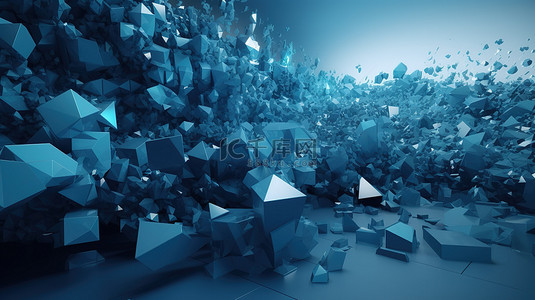 具有混乱蓝色立方体低聚形状和抽象 3D 渲染的未来派背景