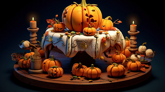感恩心背景图片_南瓜装饰的万圣节蛋糕的 3D 插图