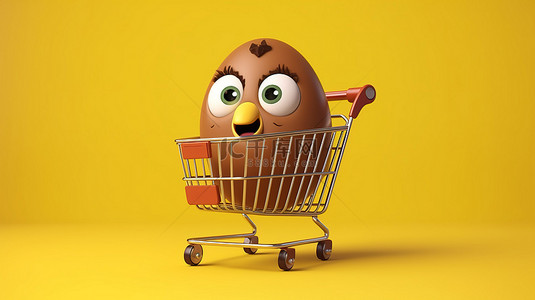 卡通子背景图片_吉祥物的 3D 渲染，化身为棕色鸡蛋，在阳光明媚的黄色背景上推着购物车