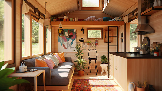 舒适小空间背景图片_紧凑小住宅中舒适生活空间的 3D 渲染