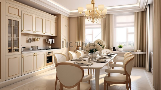 古典风格家具背景图片_古典风格厨房和用餐区的优雅米色家具 3D 渲染