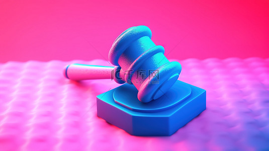 粉红色背景，带有 3D 渲染的蓝色法官木槌和双色调风格的音块