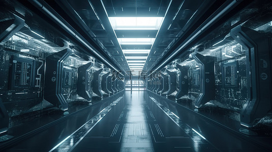 未来派建筑中的科幻走廊 3d 渲染背景