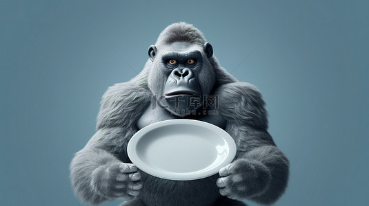 一只幽默的 3D 大猩猩抓着盘子