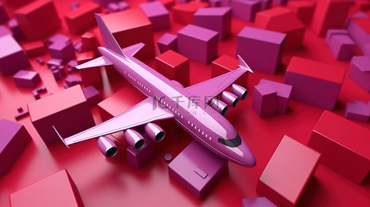 折扣礼券充满活力的红色飞机在淡紫色背景下翱翔 3D 渲染插图