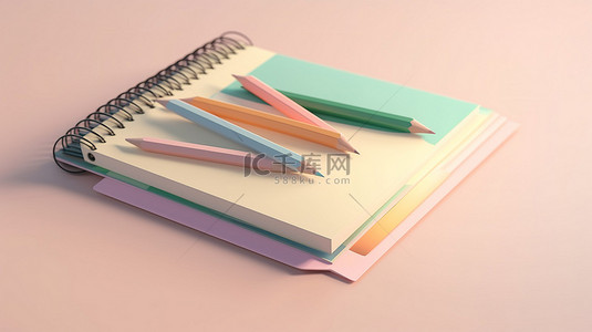 彩色索引笔记本在 3D 渲染中用经典铅笔在柔和的背景上