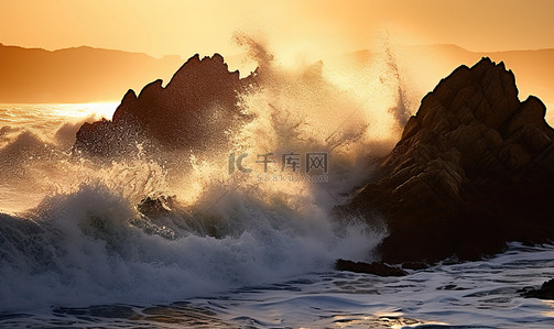 日出时巨浪撞击岩石