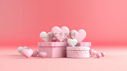 3d 情人节红心和礼品盒在柔和的粉红色背景上令人愉悦的渲染