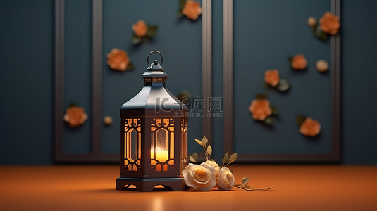 花卉背景与 3D 伊斯兰灯笼装饰