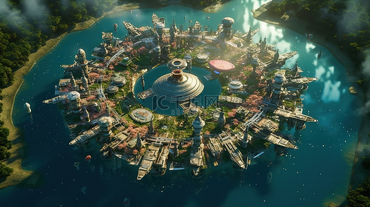 3D 数字艺术插图的鸟瞰图描绘了水星球风景上的未来城市