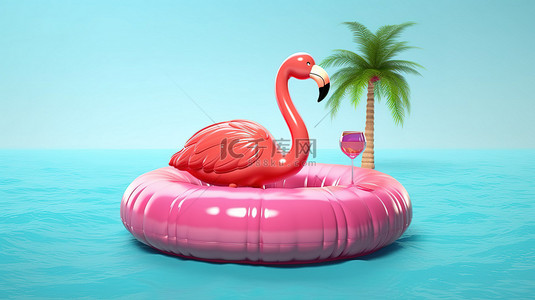 粉色海背景图片_充气粉色火烈鸟上的清凉饮料非常适合度假3D 渲染