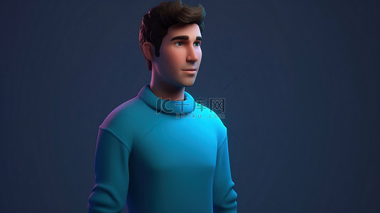 简介卡通背景图片_蓝色毛衣男性头像 3D 渲染中梦幻般的个人资料图片