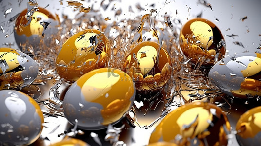 装饰着复活节彩蛋的金色油漆飞溅的 3D 插图