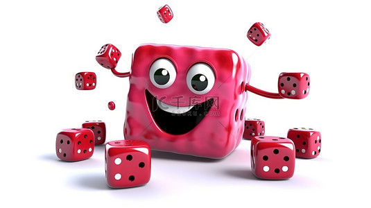 红色蛋糕背景图片_釉面甜甜圈吉祥物的飞行，带有粉红色草莓和红色游戏骰子 3d 在白色背景上呈现