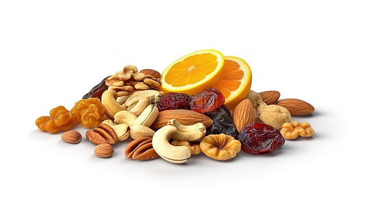 水果食品背景背景图片_3D 渲染光栅图像中白色背景上显示的各种坚果和干果