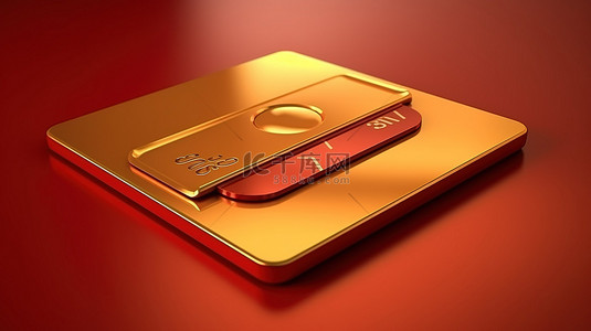 3D 渲染信用卡图标，哑光红色和金色板上带有金色版权符号