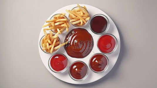 中國食品背景图片_3d 渲染中快速服务汉堡薯条苏打调味品的自上而下视图