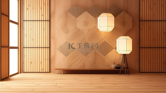 日式空房间，墙壁上有六角形木瓷砖，榻榻米地板 3D 渲染