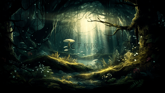 神秘植物背景图片_阳光蘑菇神秘风格森林