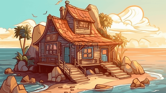 海边的小房子背景图片_度假屋海边卡通插画背景