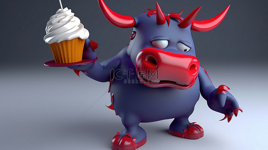 动物和蛋糕的背景图片_滑稽的 3d 红牛展示标志和纸杯蛋糕