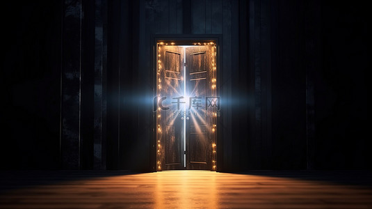 打开的门背景图片_光明的未来等待着 3D 渲染的暗室中发光的门口
