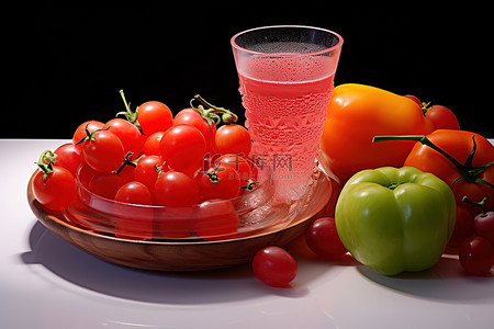 水果蔬菜和果汁放在一个小碗里