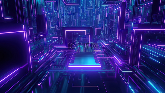 以 3D 渲染创建的紫色和蓝色抽象几何背景为特色的科幻赛博朋克世界的插图