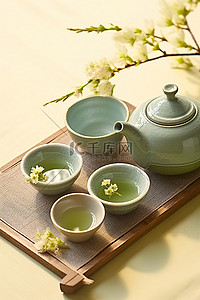 一杯绿茶背景图片_三杯亚洲绿茶和一杯