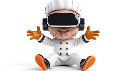 戴着虚拟现实耳机的厨师的幽默 3D 绘图
