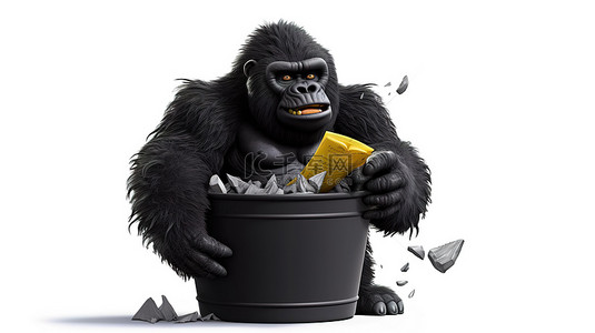 大猩猩背景图片_幽默的 3D 大猩猩抓住垃圾桶