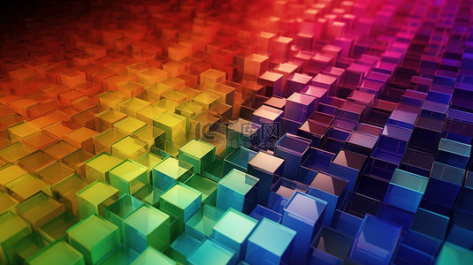 彩虹背景，具有 3D 透明立方体，具有平行四边形图案
