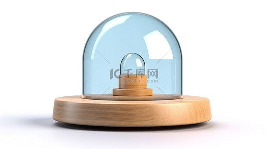 白色背景玻璃圆顶下带有房屋的木制讲台的独立 3D 插图