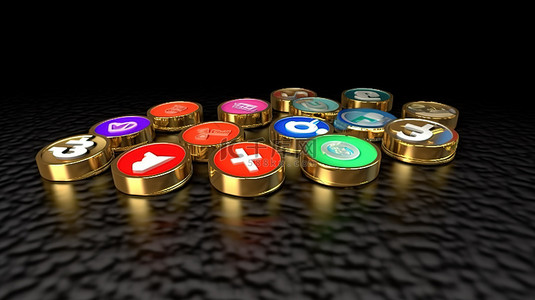 硬币模型和类似图标装饰 YouTube 上的 3D 社交媒体徽标