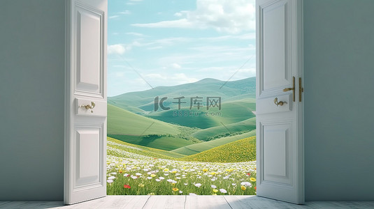 真实的 3D 渲染，在郁郁葱葱的绿色山丘上打开一扇白色木门，上面开着鲜花