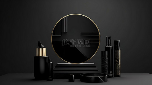 纯黑色背景 3D 渲染上显示的时尚化妆品讲台